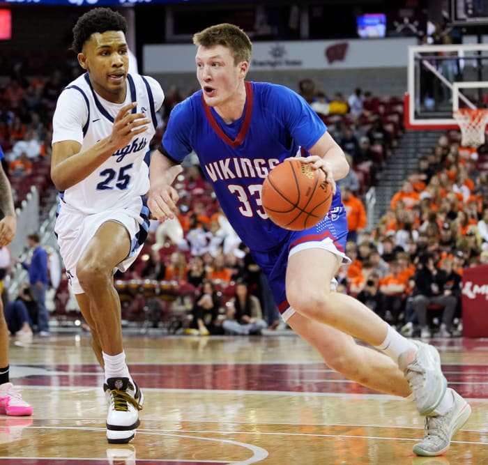 Wisconsin Lutheran senior Kon Knueppel drives with the ball in a win over Nicolet in the WIAA Division 2 state semifinals on Mar. 15, 2024.